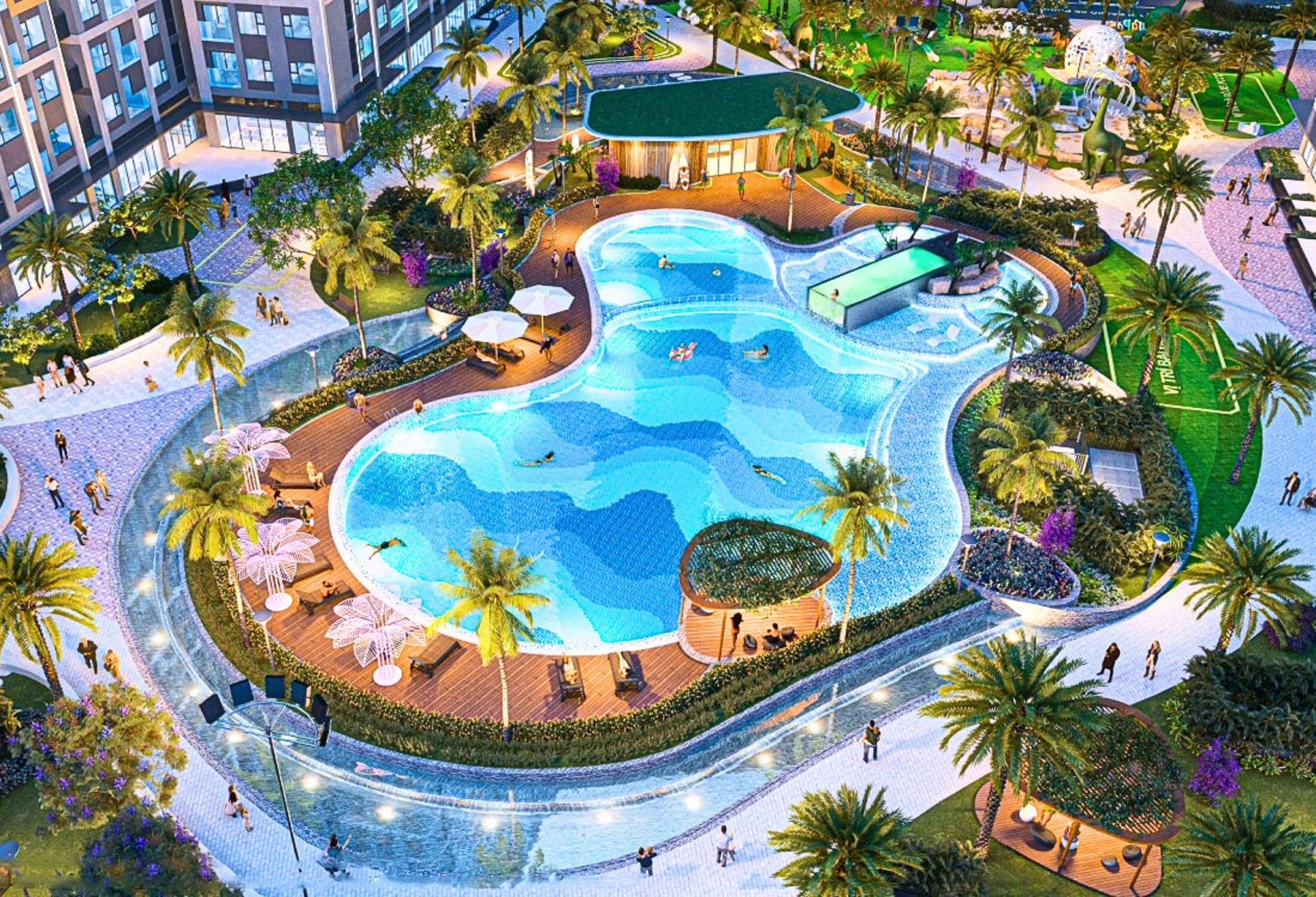 Khuôn viên hồ bơi của phân khu Glory Heights phong cách Địa Trung Hải, mát mẻ & phóng khoáng